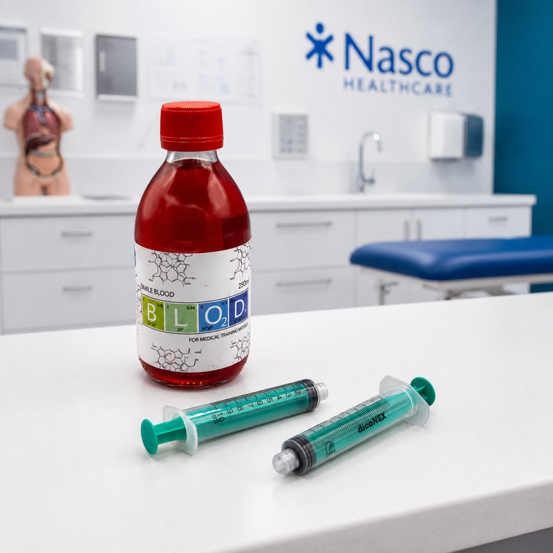 تحميل الصورة في عارض المعرض، A bottle of fake blood labeled 'BLOOD' with two green-tinted syringes on a white counter in a clinical room. The Nasco Healthcare logo is visible on the wall in the background.