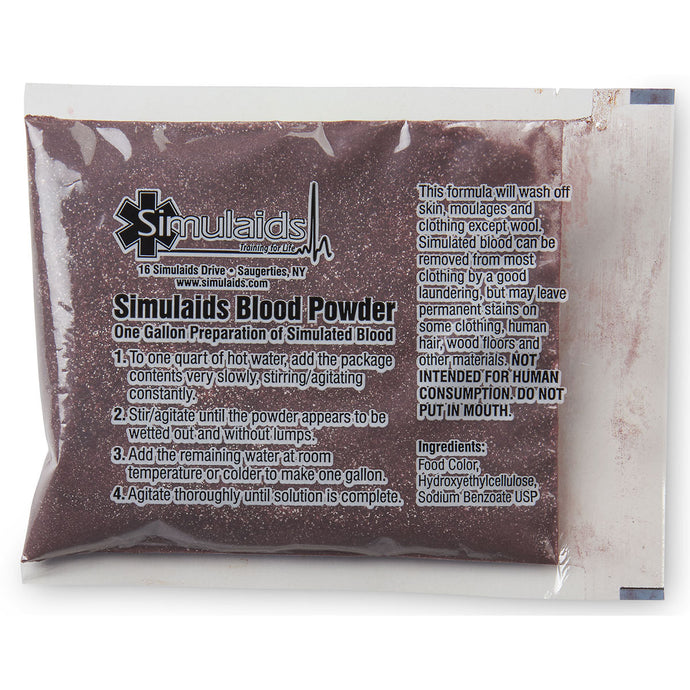 Simulated blood powder package for moulage training